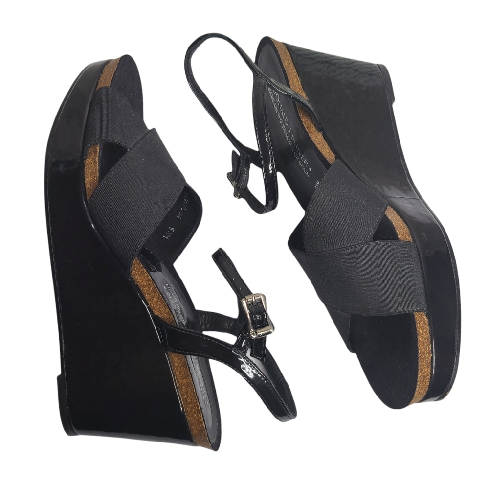 Donald J Pliner Bente Black Patent Ankle Strap Wedge Sandals Shoes 9.5